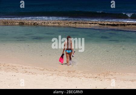 Frau mit Schnorchelausrüstung am Baldwin Beach, Maui, Hawaii. Stockfoto