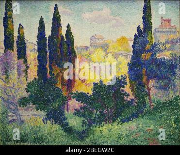 Henri-Edmond Cross, 1908, Les cyprès à Cagnes, Öl auf Leinwand, Stockfoto