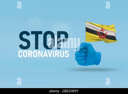 COVID-19 visuelles Konzept - Hand-Text Stop Coronavirus, Hand-Geste gegen Virusinfektion, geballte Faust hält Flagge von Brunei. Pandemie 3D Stockfoto