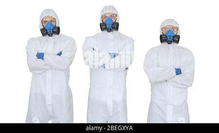 Team von Wissenschaftlern oder Ärzten in Schutzanzügen bereit für die Arbeit Stockfoto
