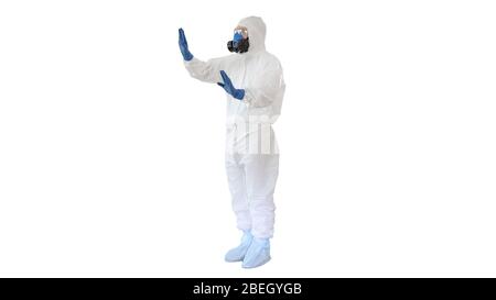 Wissenschaftler in Schutzanzug und Atemschutzmaske zeigen futuristisch Stockfoto