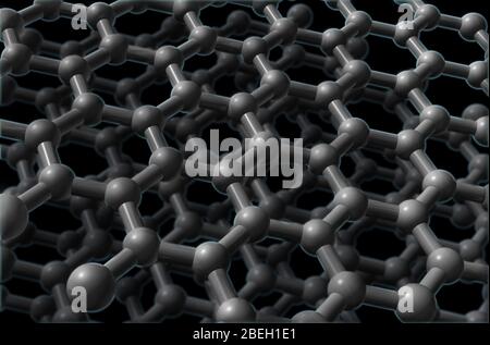 Ein molekulares Modell von Graphit, einem Mineral, das aus gestapelten Schichten von Kohlenstoffatomen besteht, die in einem Wabengitter angeordnet sind. Graphit gilt als die stabilste Form von Kohlenstoff unter Standardbedingungen und wird in der Thermochemie zur Definition der Wärmebildung von Kohlenstoffverbindungen verwendet. Das altgriechische Wort für 'zeichnen/schreiben' gab Graphit seinen Namen für seine Fähigkeit, Zeichen zu machen und in Bleistiften zu verwenden. Graphit ist aber auch ein elektrischer Leiter und wird zunehmend zur Herstellung von Batterien verwendet. Stockfoto