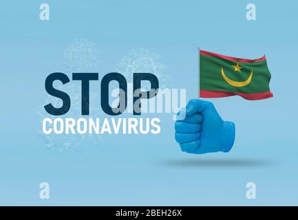 COVID-19 visuelles Konzept - Hand-Text Stop Coronavirus, Hand-Geste gegen Virusinfektion, geballte Faust hält Flagge Mauretaniens. Pandemie 3D Stockfoto