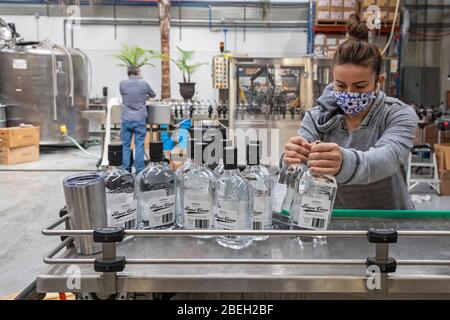 Ferndale, Michigan, USA. April 2020. Handdesinfektionsmittel werden bei Valentine Distilling Co hergestellt und abgefüllt.die Destillerie hat ihre Produktion von Bourbon, Gin und Wodka zugunsten von Handdesinfektionsmittel wegen der Coronavirus-Pandemie eingestellt. Kredit: Jim West/Alamy Live News Stockfoto