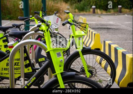 PRAG - 20. JULI 2019: Nahaufnahme einer Reihe von Elektrofahrrädern zum Mieten in Prag Stockfoto