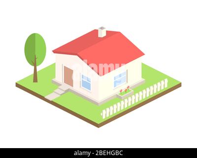 Isometrisches Haus auf weißem Hintergrund. 3d-Ferienhaus mit Baum und Zaun. Immobilien oder Haus Konzept. Schönes Landhaus mit rotem Dach. Stock Vektor