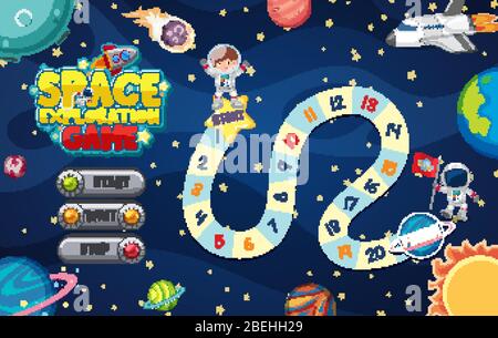 Spielvorlage mit vielen Planeten in der Hintergrundillustration des Raums Stock Vektor