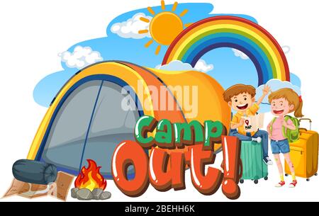 Schriftdesign für Camp Out mit Zelt in der Park-Illustration Stock Vektor