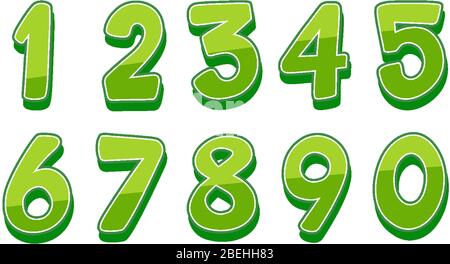 Schriftdesign für Zahlen von eins bis Null auf weißer Hintergrundabbildung Stock Vektor