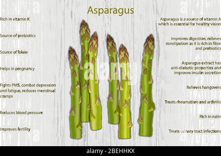 Spargel Gesundheit Vorteile Infografiken auf Holzhintergrund Stock Vektor