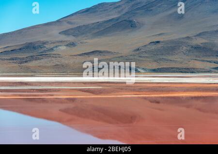 Spiegelung eines Andengipfes im roten Wasser der Laguna Colorada (Rote Lagune), Uyuni Salt Flat Region, Bolivien. Stockfoto