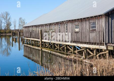 Historisches Holzgebäude der Britannia Ship Yard an der Steveston Waterfront in British Columbia, Kanada Stockfoto