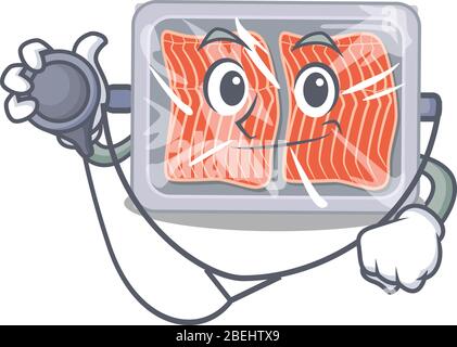 Gefrorener Lachs in Arzt Cartoon-Charakter mit Werkzeugen Stock Vektor