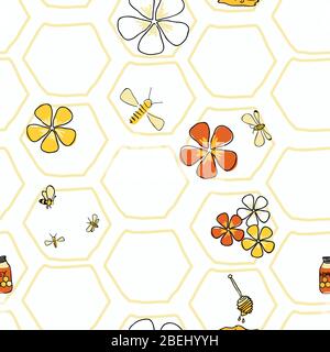 In der Wabe Bienen und Blumen nahtloses Muster Vektor auf weißem Honig Kamm Hintergrund. Oberflächengestaltung Stock Vektor