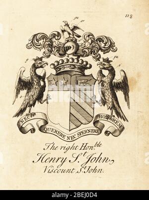 Wappen des rechten ehrenwerten Heinrich St. John, 1. Viscount St. John (1652-1742). Kupferstich von Andrew Johnston nach C. Gardiner von Notitia Anglicana, der die Errungenschaften des gesamten englischen Adels Andrew Johnson, The Strand, London, 1724 zeigt. Stockfoto
