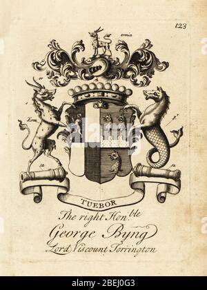 Wappen des rechten ehrenwerten George Byng, Lord 1st Viscount Torrington, .1663-1733, von Southill Park. Kupferstich von Andrew Johnston nach C. Gardiner von Notitia Anglicana, der die Errungenschaften des gesamten englischen Adels Andrew Johnson, The Strand, London, 1724 zeigt. Stockfoto