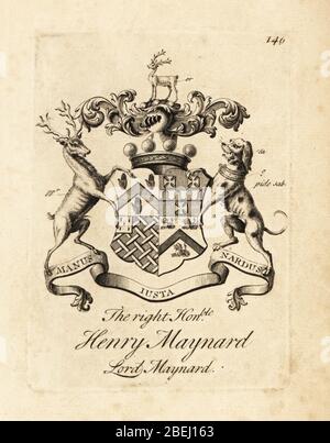 Wappen des rechten Ehrenhaften Henry Maynard, Lord Maynard, 4. Baron Maynard, gestorben 1742. Kupferstich von Andrew Johnston nach C. Gardiner von Notitia Anglicana, der die Errungenschaften des gesamten englischen Adels Andrew Johnson, The Strand, London, 1724 zeigt. Stockfoto