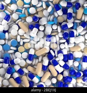 Blau, braun und weiß Pillen und Kapseln Hintergrund Draufsicht flach von oben - Medizin, Pharmaindustrie oder Gesundheitswesen Konzept, 3D-Abbildung Stockfoto