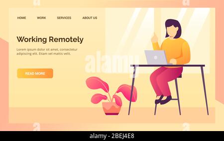 Frau, die von zu Hause aus bei der Arbeit von zu Hause aus für die Website-Landung Homepage Vorlage Banner Vektor Stockfoto