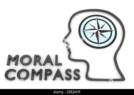 3D-Darstellung der Kopf-Silhouette mit einem Kompass und MORALISCHEN KOMPASS Titel. Stockfoto