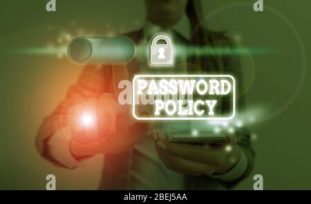 Konzeptionelles Schreiben mit Passwortrichtlinien. Konzept bedeutet den ersten Schutz vor unbefugtem Zugriff Stockfoto