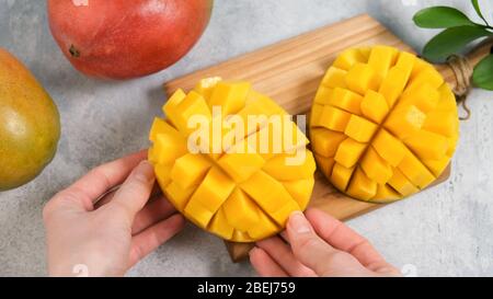 Perfekte Mango-Scheibe in Würfel geschnitten. Weibliche Hände halten frische saftige Mango. Wie man Mango geschnitten Tutorial Stockfoto