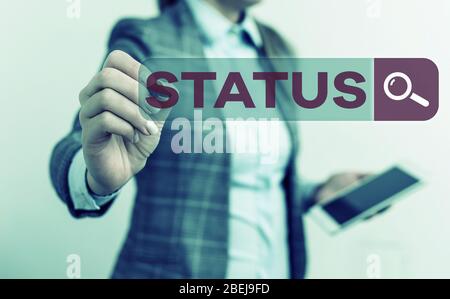 Das Textzeichen zeigt den Status an. Geschäftliche Fototextsituation zu einem bestimmten Zeitpunkt während einer Position bei Process Professional Stockfoto