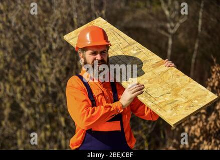 Gerüste einrichten. Montieren Sie temporäre Geräte oder Strukturen. Renovierungsservice. Mann trägt Faserplatte. Holzwerkstoff. Faserplatten im Wohn- und Geschäftsbau. Stockfoto