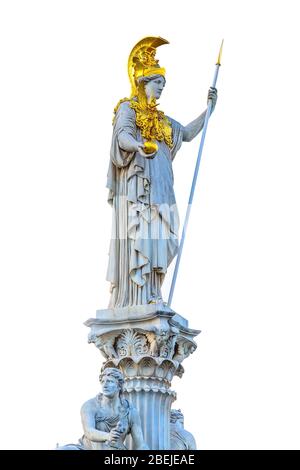 Statue von Pallas Athena in goldenem Helm, Wien, Österreich isoliert auf weißem Hintergrund Stockfoto