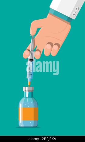 Ampulle und Spritze mit Medikament in der Hand. Impfkonzept. Injektionsspritzennadeln. Medizinische Geräte. Gesundheitswesen, Krankenhaus und medizinische Diagnostik. Vektorgrafik im flachen Stil Stock Vektor