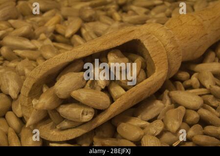 Geschälte Sonnenblumenkerne als Zusatz zu vielen Gerichten. Perfekt für Salate, Brote und andere Backwaren, sowie eine Quelle für gesundes Öl. Stockfoto