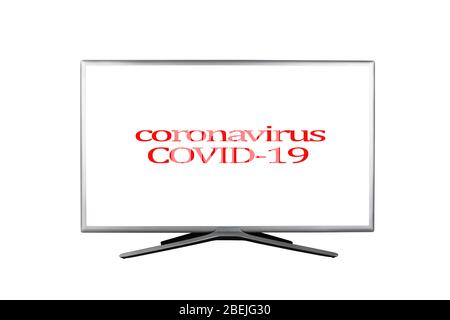 Leuchtend rote Überschrift mit Aufschrift Coronavirus COVID-19 auf einem weißen TV-Bildschirm isoliert auf einem weißen Hintergrund, Konzept-Benachrichtigung in den Medien und o Stockfoto