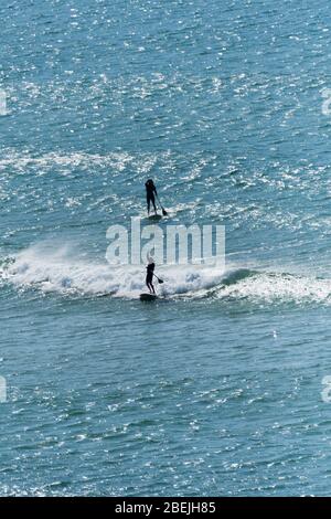 Paddelboarder in Silhouette auf dem Meer bei Crantock in Newquay in Cornwall gesehen. Stockfoto