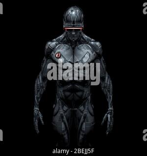 Cyberpunk android Portrait / 3D Illustration von männlichen Science Fiction humanoiden Roboter trägt futuristische Brille auf schwarzem Hintergrund isoliert Stockfoto