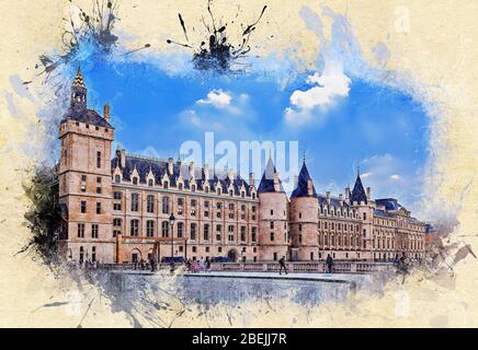 Die Conciergerie, ein ehemaliger königlicher Palast und Gefängnis. Paris, Frankreich. Tinte Aquarellstil. Stockfoto