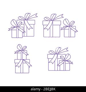 Sammlung von eingewickelten weihnachtsgeschenke mit Schleifen. Traditionelle Geschenke im Outline-Stil. Weihnachtsgeschenke Symbole für Boxtag, isoliert auf weiß Stock Vektor