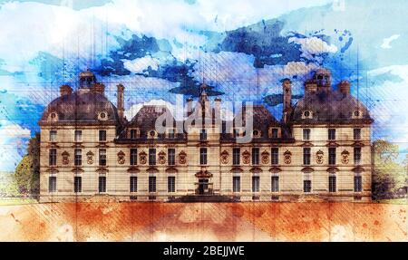 Berühmte Burg des Loire-Tals Chateau de Cheverny, Loir-et-Cher, Frankreich. Aquarell, Farbe Bleistift Stil Illustration. Stockfoto