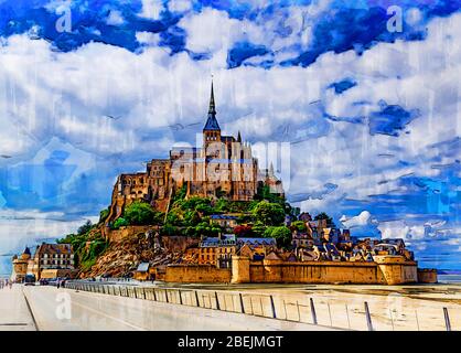 Malerischer Blick auf den Mont Saint Michel. Le Mont Saint Michel, eine der meistbesuchten Sehenswürdigkeiten Frankreichs. Farbbleistift Skizze Illustration.