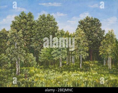 Sommer ländliche Landschaft in Russland. Ein Feld und Wald, ein hohes Gras. Original Ölgemälde auf Leinwand. Gemälde des Autors. Stockfoto