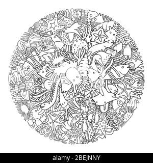Sea Life Doodle. Sammlung von Meereslebewesen Doodle in einem Kreis Rahmen. Schwarz-Weiß-Vektorgrafik. Stock Vektor