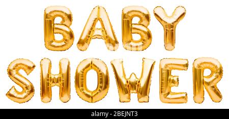 Wörter BABY DUSCHE aus goldenen aufblasbaren Ballons auf weißem Hintergrund isoliert. Helium Folie Ballons bilden Text. Baby Geburtstagsfeier feiern Stockfoto