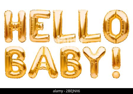 Wörter HALLO BABY von goldenen aufblasbaren Ballons auf weißem Hintergrund isoliert. Helium Folie Ballons bilden Text. Babydusche, Geburtstagsfeier Stockfoto