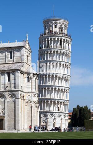 Pisa, Italien - März 31 2019: Der Schiefe Turm von Pisa (italienisch: Torre pendente di Pisa) ist der campanile der Kathedrale von Pisa. Stockfoto
