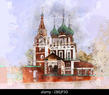 Aquarell-Styling - die Kirche des Erzengels Michael in Jaroslawl. Goldener Ring, Russland. Stockfoto