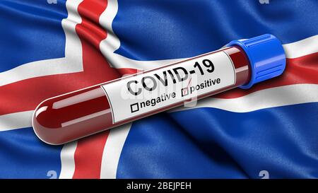 Flagge Islands winkend im Wind mit einem positiven Covid-19 Blutprobe Rohr. Stockfoto