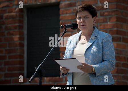 Auschwitz, Polen - 02. August 2018: Beata Szydlo. Europäischer Holocaust-Gedenktag der Roma-74. Jahrestag der Liquidierung des Zigenerlagers in KL Ausc Stockfoto