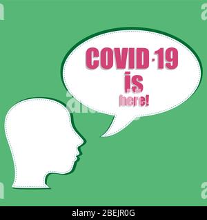 Covid-19 ist da. Die Silhouette einer Kopf- und Sprechblase. Word Cloud zum Thema Coronavirus. Coronavirus-Krankheit COVID-19 Stockfoto