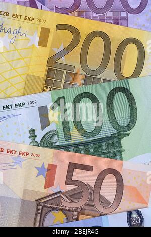 Mehrere Euro-banknoten. Europäisches Geld Konzept. Nahaufnahme Stockfoto