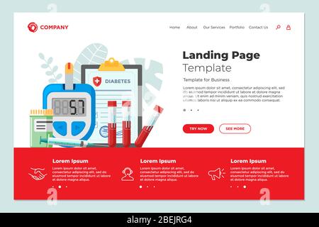 Glucometer für Diabetes medizinische Diagnose Messung des Zuckerspiegels. Diabetisches Blutzuckermessgerät mit Pillen und Reagenzgläsern. Laborgeräte und Spritze flach eps Website Landing Page Illustration Stock Vektor