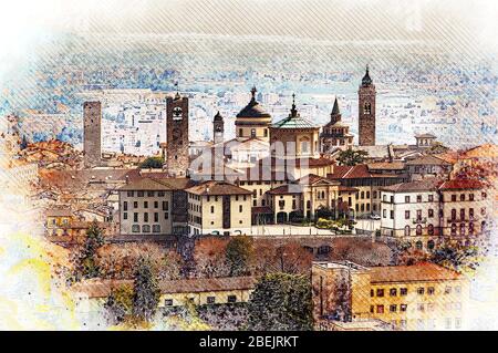 Panoramablick auf die Obere Altstadt (Citta Alta) in Bergamo mit historischen Gebäuden. Farbstift und Aquarell Skizze Stil Illustration. Stockfoto